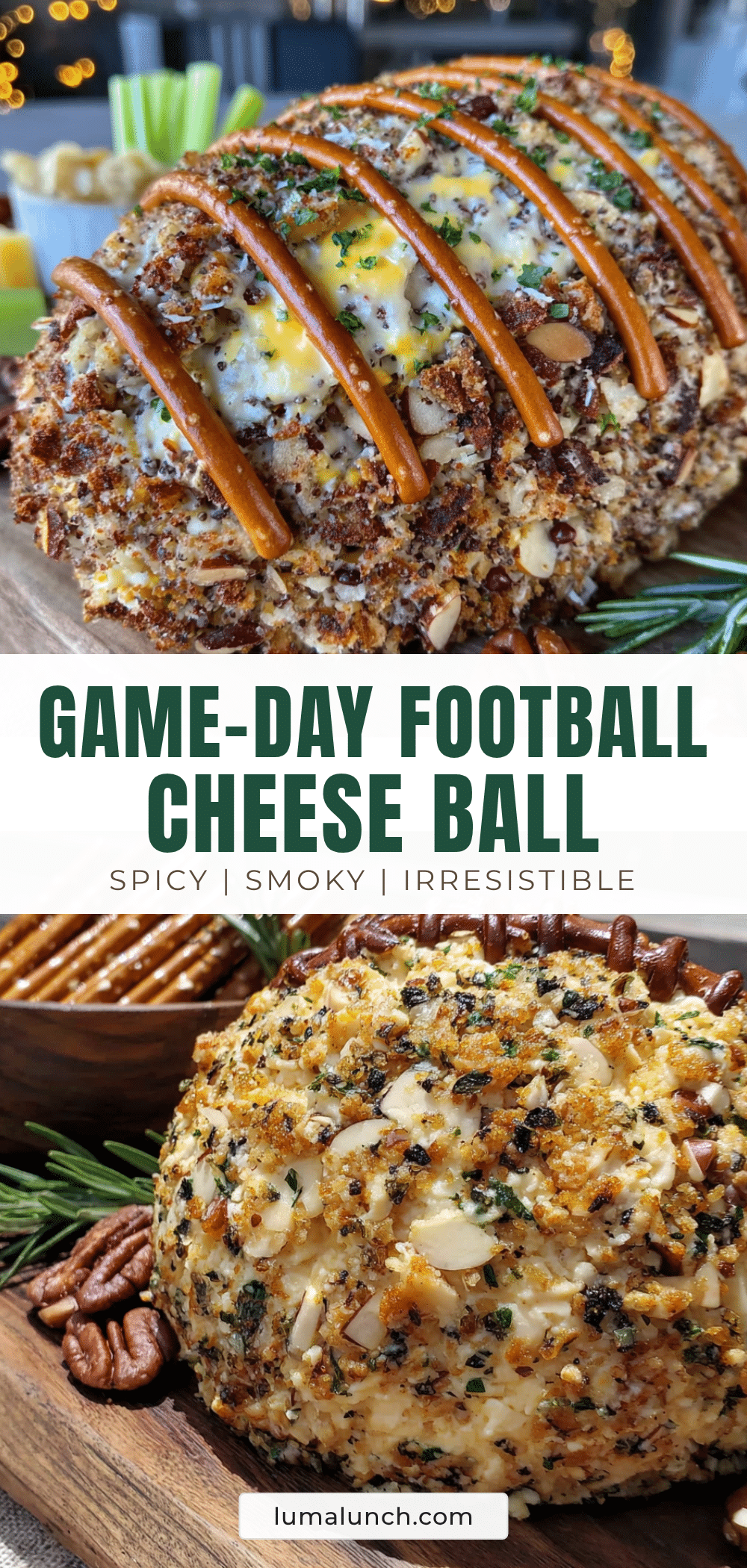football-shaped cheese ball with pretzel laces recipe